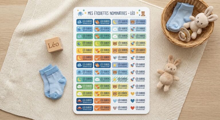 Une planche d'étiquettes nominatives colorées et personnalisées avec des motifs mignons pour les vêtements de bébé.