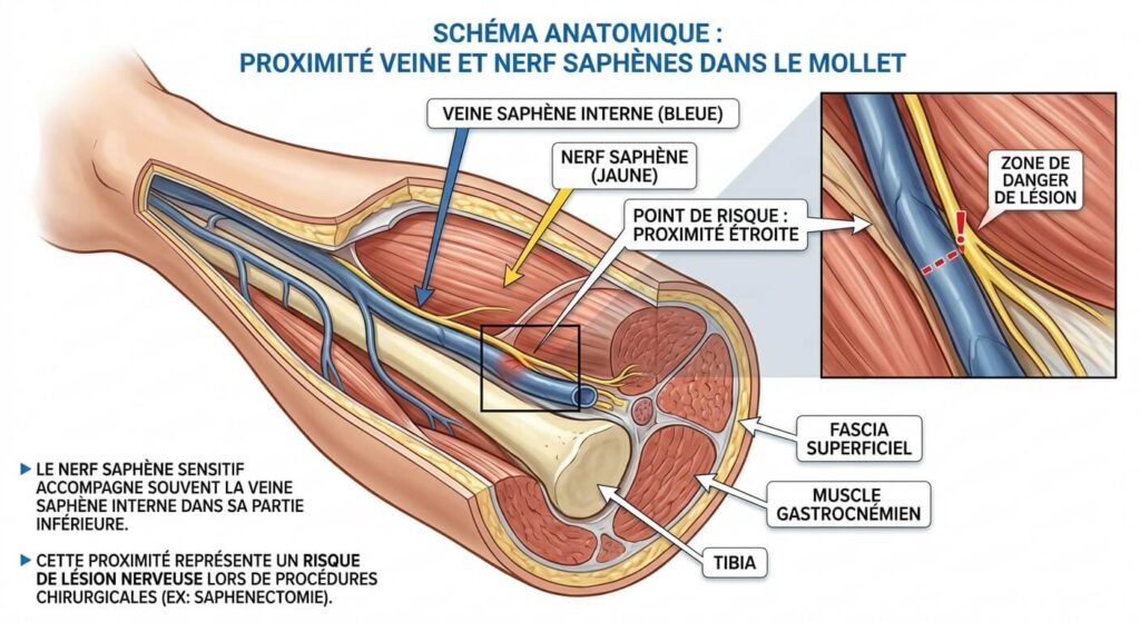 Schéma anatomique détaillant la proximité dangereuse entre la veine saphène et le nerf saphène dans le mollet