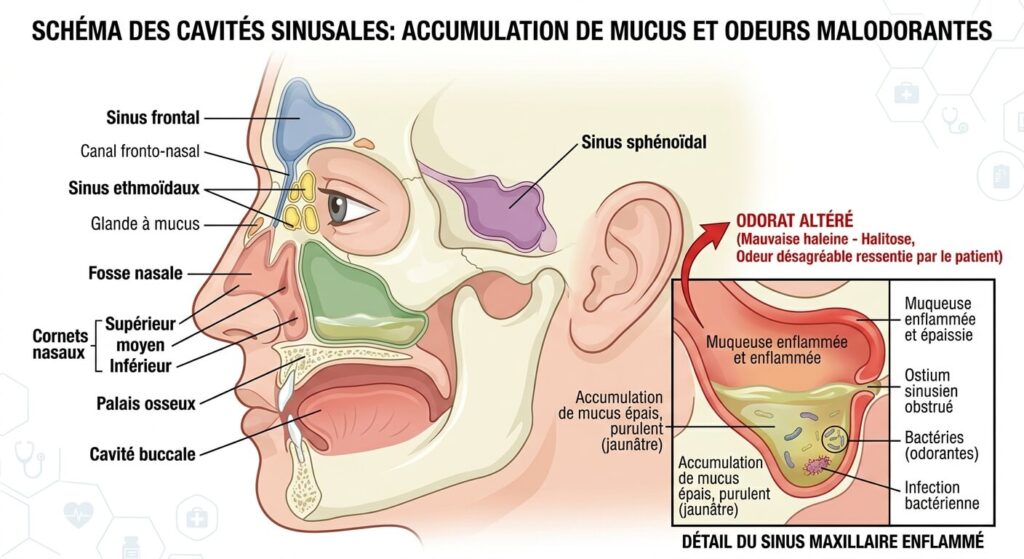 Schéma des cavités sinusales montrant une accumulation de mucus pouvant causer des odeurs.