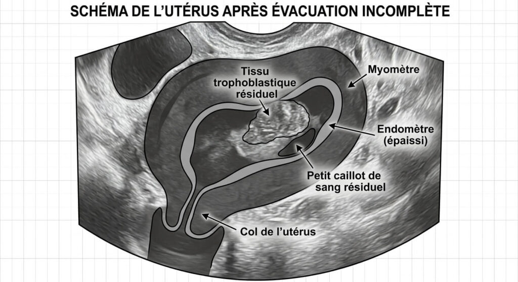 Débris lors d'une fausse couche : à quoi s'attendre et quand consulter 3 Schéma de la paroi utérine et de l'endomètre après une évacuation incomplète.