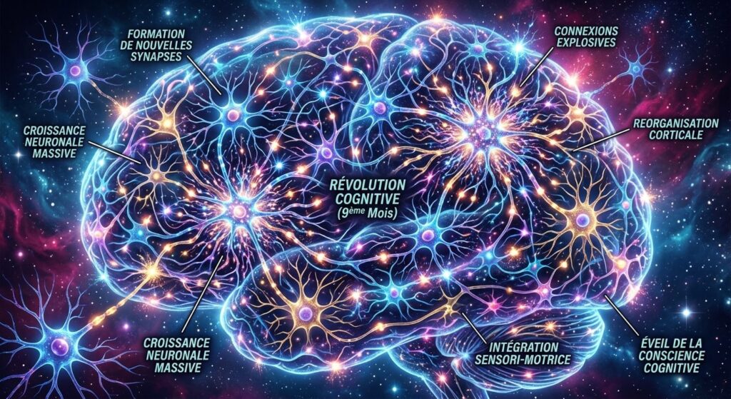 Illustration des connexions neuronales massives lors de la révolution cognitive du 9ème mois.
