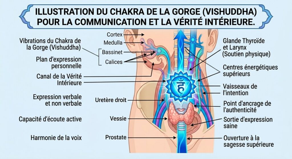 Illustration du chakra de la gorge lié à la communication et à la vérité intérieure.