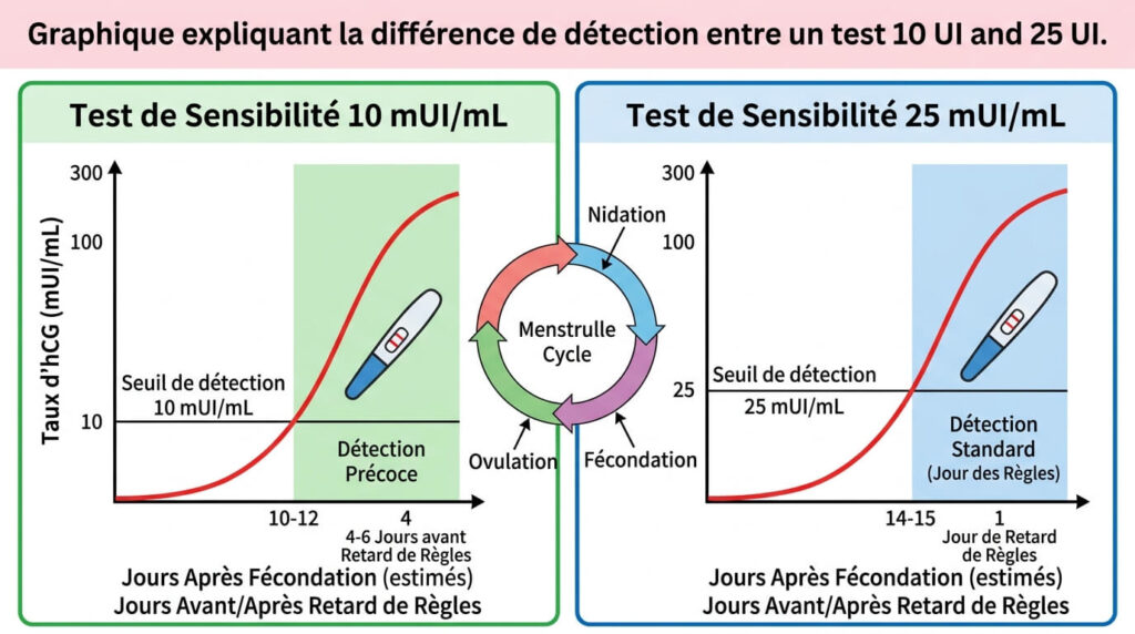 Que vaut réellement le test grossesse Action 10 UI ? 3 Graphique expliquant la différence de détection entre un test 10 UI et 25 UI.