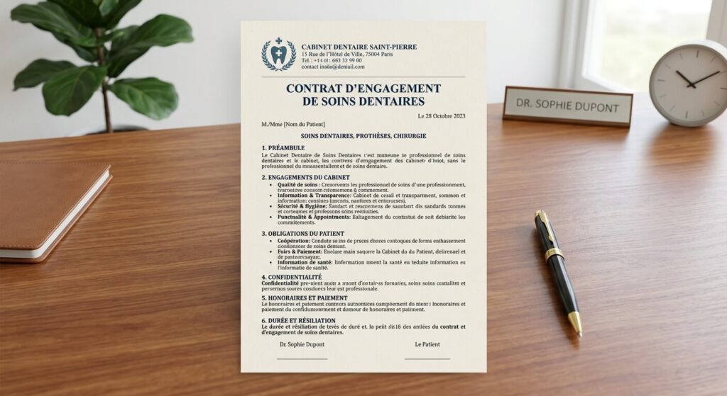 Document contractuel détaillant les engagements d'un cabinet dentaire sur ses soins.