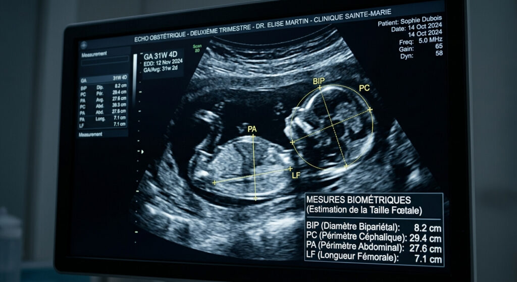 Écran d'échographie affichant les mesures biométriques (BIP, PC, PA, LF) pour estimer la taille du bébé.