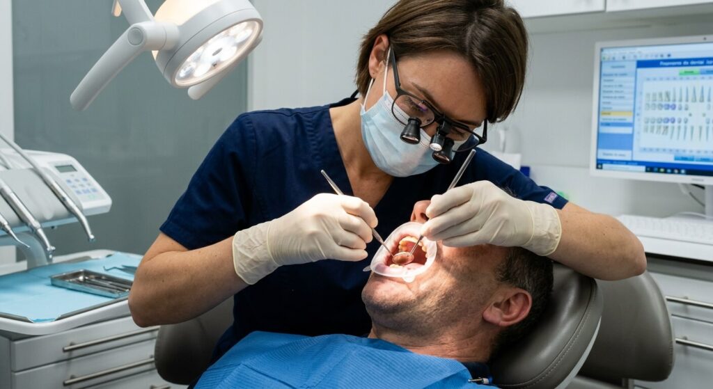 Chirurgien-dentiste examinant la muqueuse et le plancher buccal d'un patient à l'aide d'un miroir