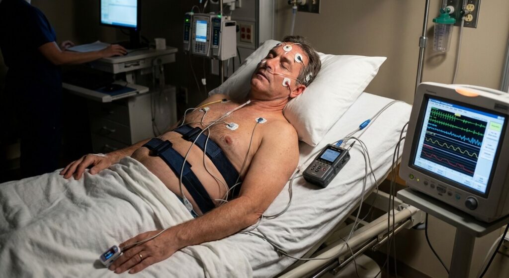 Patient dormant avec un équipement de polysomnographie pour mesurer les pauses respiratoires nocturnes