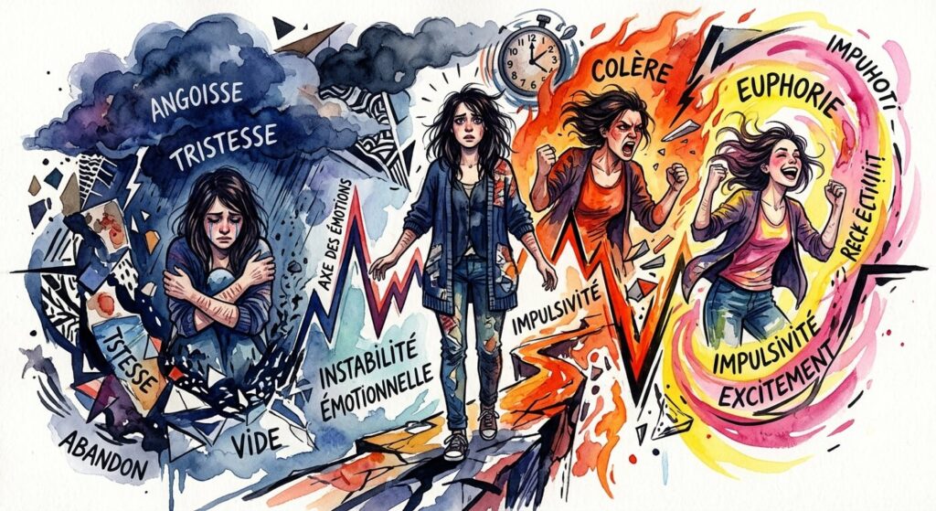 Trouble borderline et AAH : peut-on en bénéficier, comment monter son dossier et quoi espérer ? 3 Illustration des fluctuations émotionnelles caractérisant le trouble de la personnalité limite.
