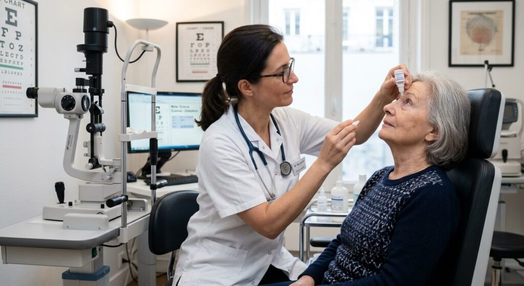 Ophtalmologiste instillant des gouttes de collyre mydriatique pour dilater la pupille avant l'examen