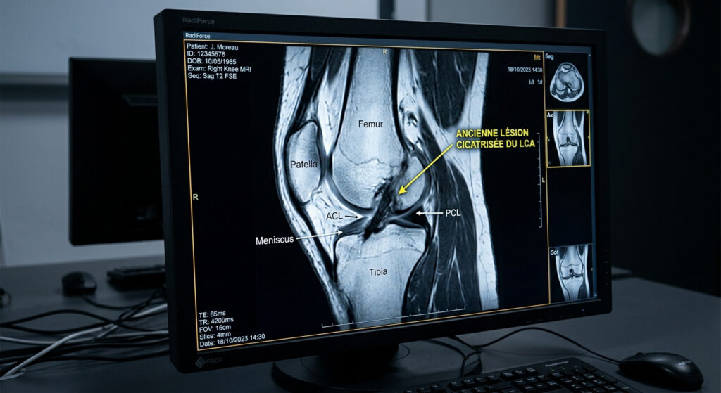 Écran d'IRM affichant l'articulation d'un genou avec une ancienne lésion ligamentaire cicatrisée