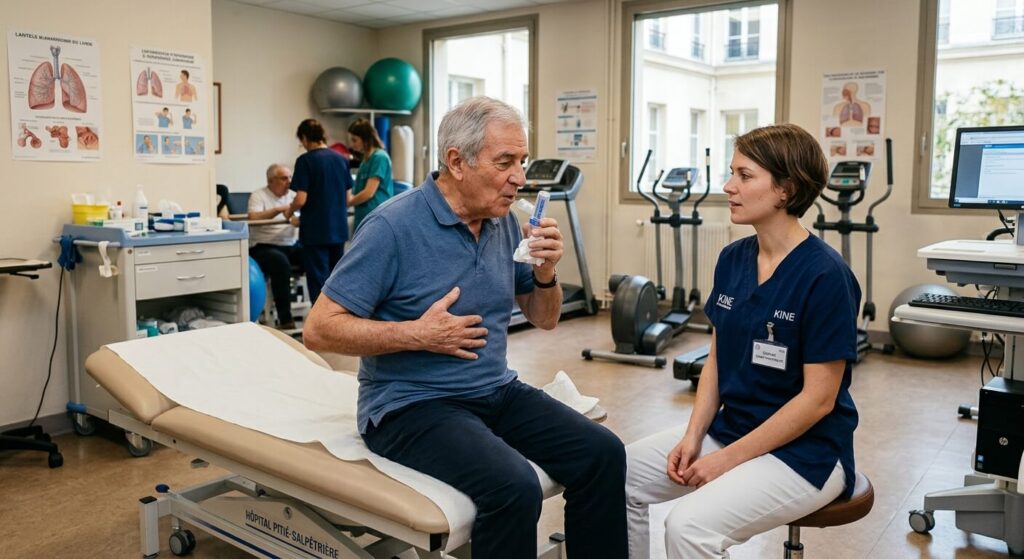 Patient réalisant des exercices de kinésithérapie respiratoire pour dégager ses bronches