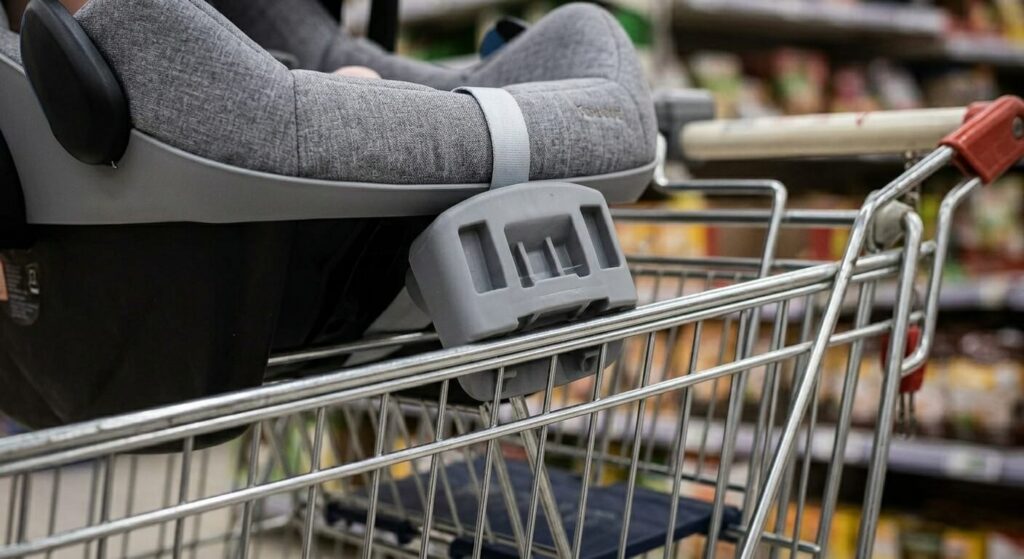 Gros plan sur les fixations d'une coque bébé ne correspondant pas aux barres du chariot.