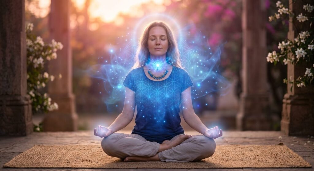 Se mordre la langue : signification spirituelle, message de l'univers et interprétations selon le moment 3 Illustration spirituelle mettant en évidence l'énergie bleue du chakra de la gorge