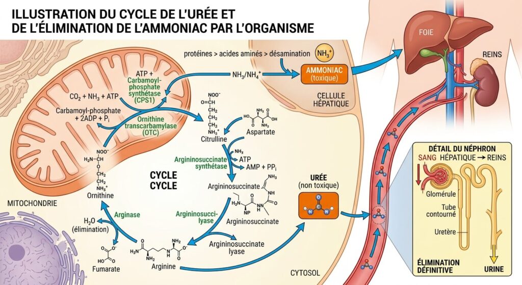 Illustration du cycle de l'urée et de l'élimination de l'ammoniac par l'organisme.