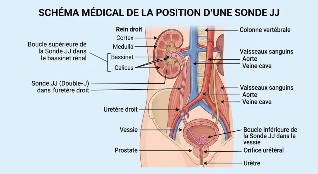Schéma médical montrant la position précise d'une sonde JJ entre le rein et la vessie.