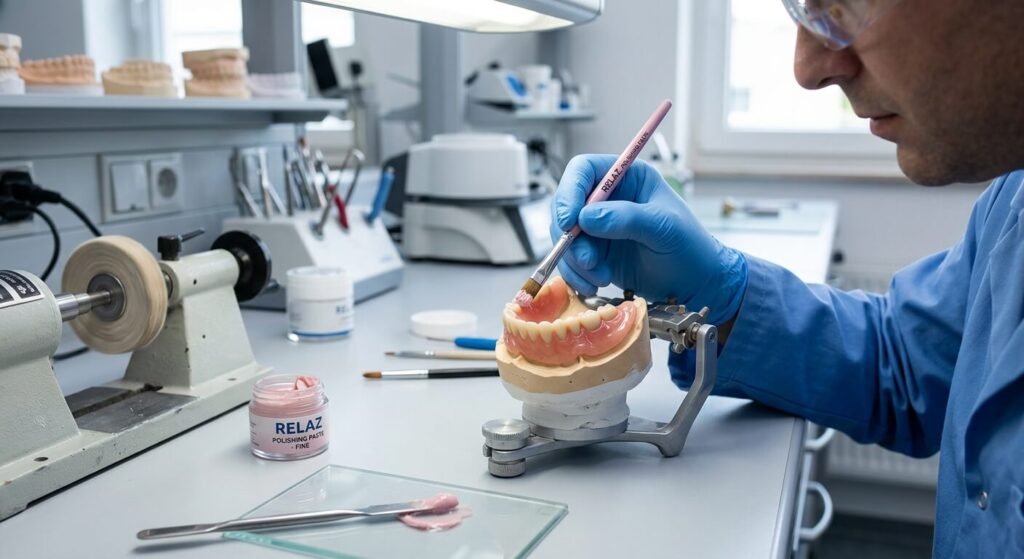 Application d'une pâte à polir sur une prothèse dentaire pour restaurer la glaçure et la surface lisse