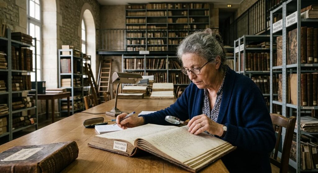Personne consultant de vieux registres d'état civil dans une salle d'archives départementales