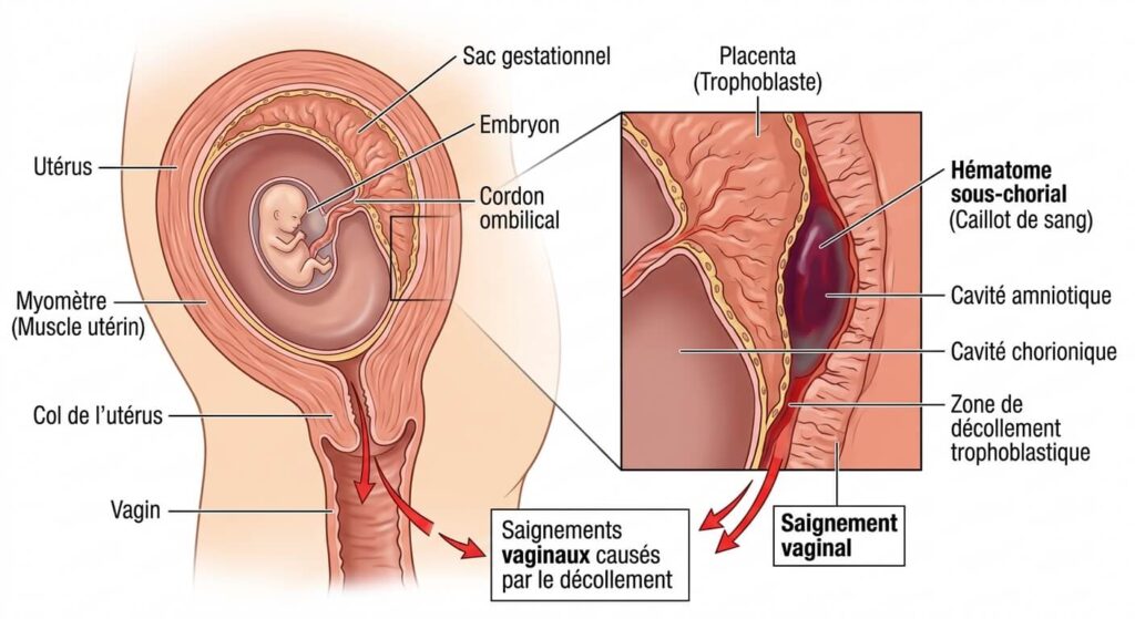 Découverte tardive de grossesse à cause des règles : comment est-ce possible et que faire 3 Illustration du décollement trophoblastique causant des saignements en début de grossesse.