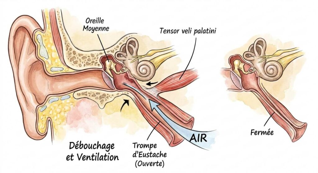 Schéma anatomique illustrant le débouchage de la trompe d'Eustache et la ventilation de l'oreille moyenne