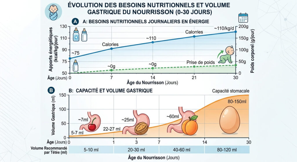 Graphique des besoins nutritionnels et du volume gastrique du nourrisson.