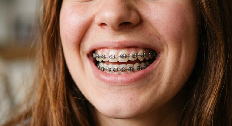 Gros plan sur le sourire d'une personne portant des bagues orthodontiques en métal.