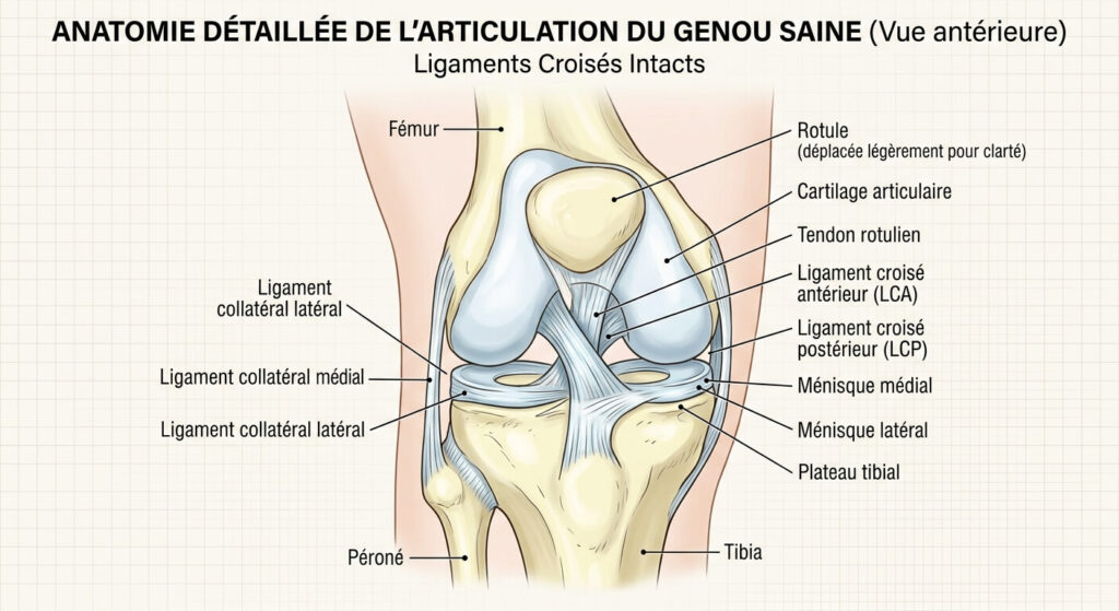 Schéma anatomique détaillé montrant une articulation du genou saine avec ses ligaments croisés intacts.