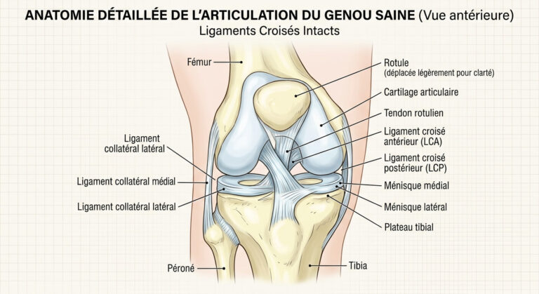 Schéma anatomique détaillé montrant une articulation du genou saine avec ses ligaments croisés intacts.