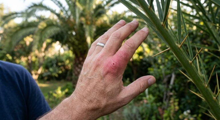 Accueil 2 Une main présentant une rougeur suite à une piqûre causée par une épine de palmier.