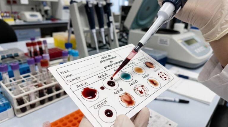 Une carte de détermination du groupe sanguin avec des gouttes de sang en cours d'analyse en laboratoire.