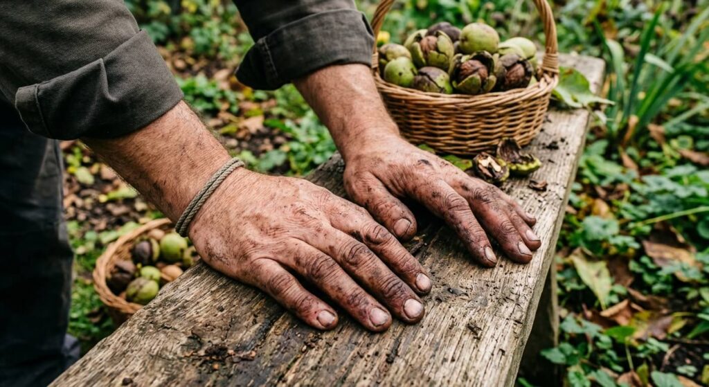 Des mains tachées par du jus de noix marron foncé après la récolte au jardin.