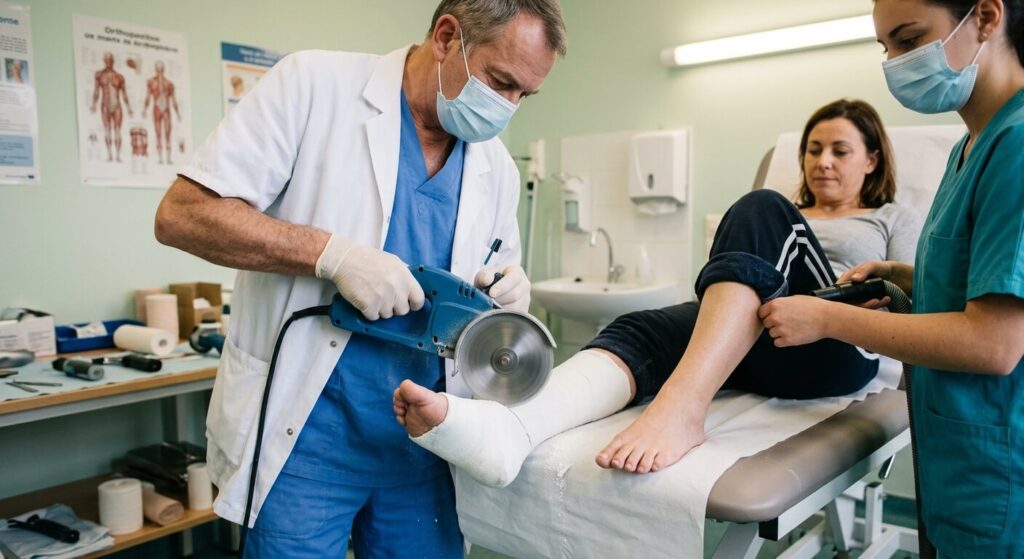 Un médecin utilisant une scie circulaire médicale pour enlever le plâtre d'une cheville.