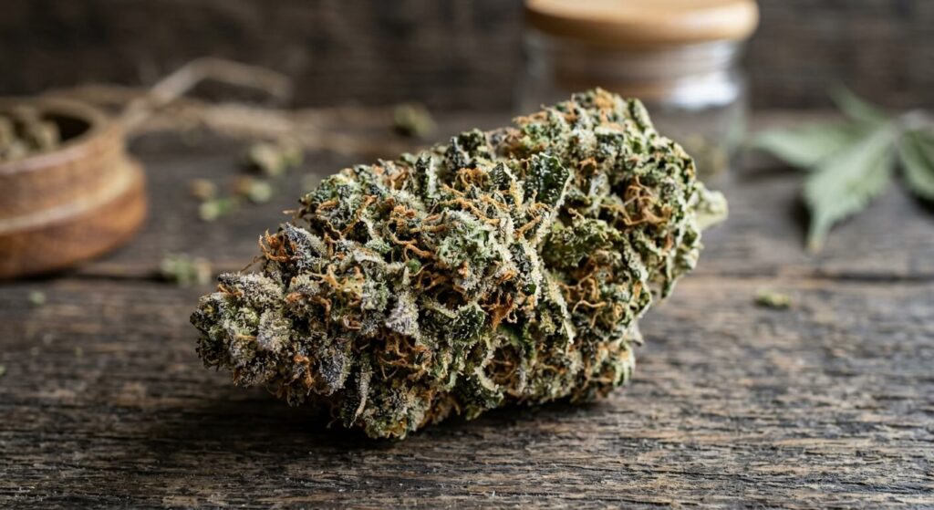 Fleur de CBD : propriétés, usages et ce que dit la recherche 2 Gros plan sur une fleur de CBD séchée de qualité premium, riche en trichomes et en résine.