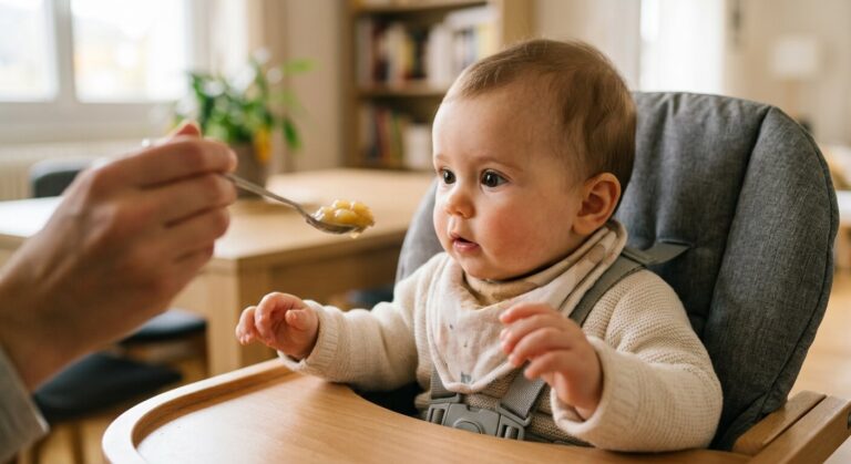 Un nourrisson de quelques mois observant une petite cuillère de compote de pommes.