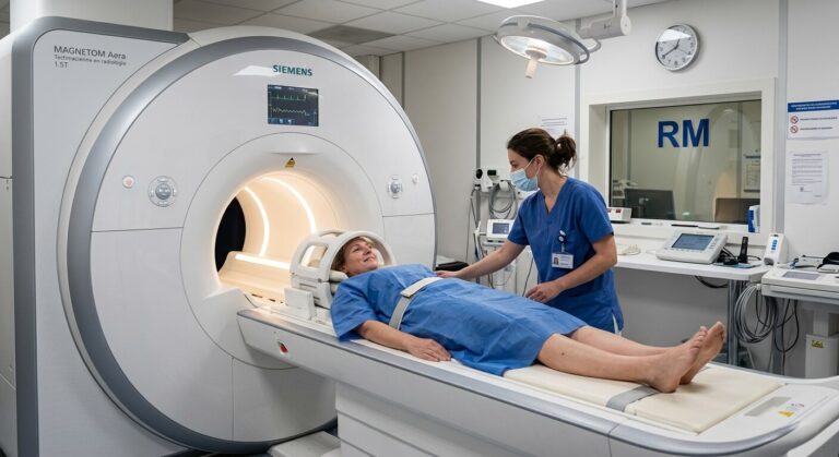 Accueil 4 Un patient s'apprêtant à passer un examen médical à l'intérieur du tunnel d'un scanner IRM.