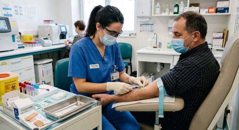 Un technicien de laboratoire réalisant un prélèvement de sang sur le bras d'un patient.