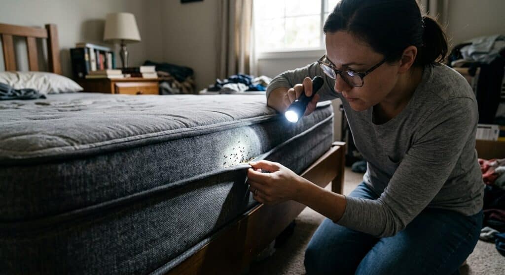 Une personne examinant la couture d'un matelas avec une lampe torche à la recherche de petites taches noires de punaises de lit.