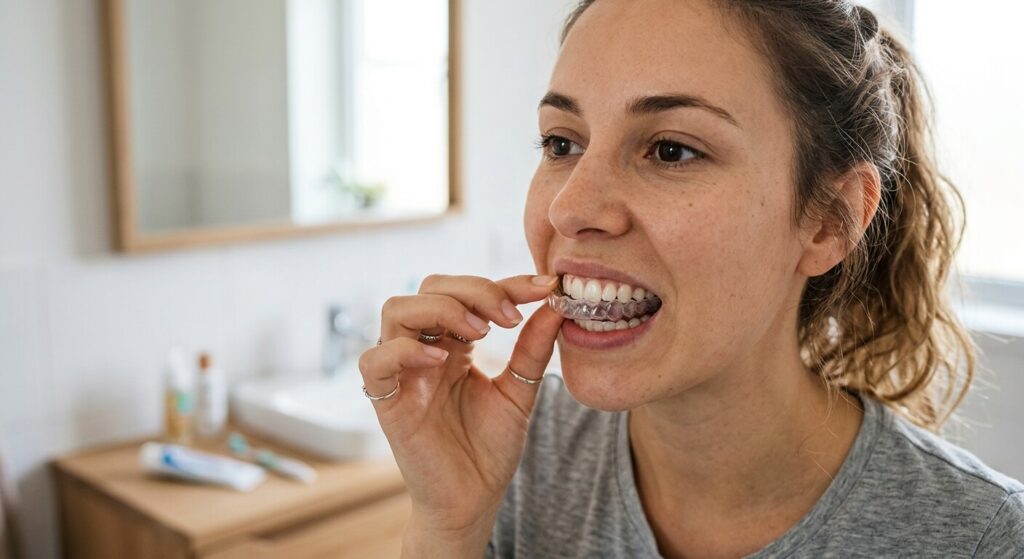 Appareil dentaire et bouche déformée : est-ce normal ? 3 Une personne insérant une gouttière d'alignement transparente en plastique sur ses dents.