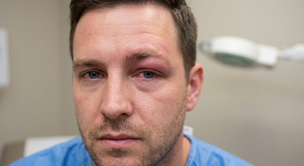 Un visage montrant un gonflement et un œdème localisé au niveau du sourcil au-dessus de l'œil.