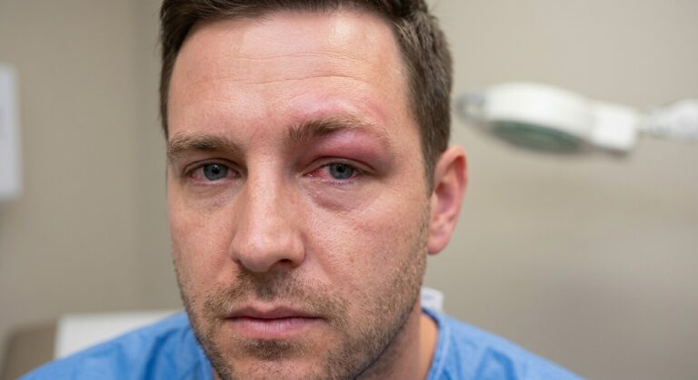 Un visage montrant un gonflement et un œdème localisé au niveau du sourcil au-dessus de l'œil.