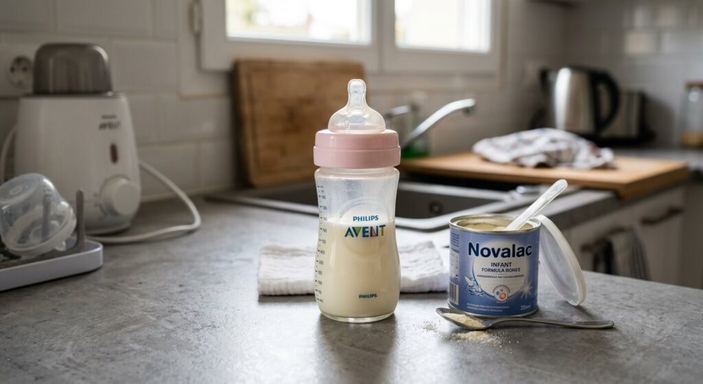 Un biberon de lait infantile préparé sur un plan de travail de cuisine.