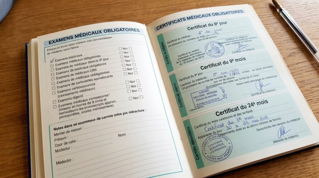 Je n'ai pas fait la visite des 9 mois de bébé : conséquences et solutions 3 Le carnet de santé officiel français ouvert à la page des certificats médicaux obligatoires de la petite enfance.
