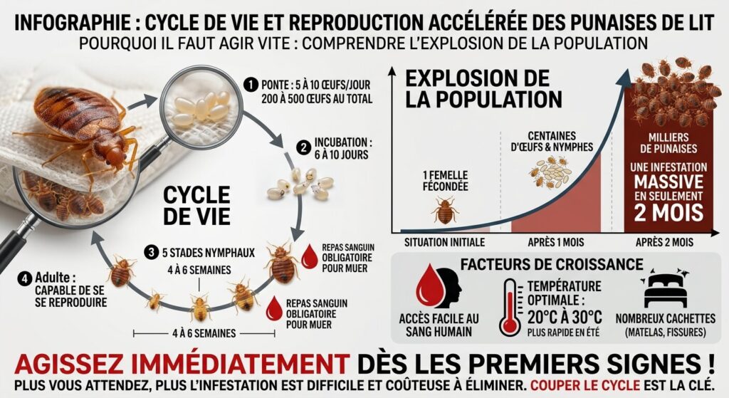 Infographie macro illustrant la vitesse de ponte et de reproduction des punaises de lit pour expliquer l'importance d'agir vite.