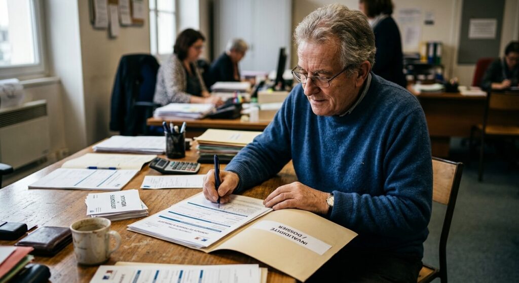 Maladie de Kienböck : pension, invalidité et droits possibles 3 Une personne remplissant un formulaire officiel de demande de pension d'invalidité sur un bureau.