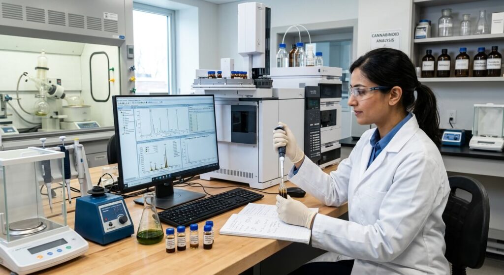 Fleur de CBD : propriétés, usages et ce que dit la recherche 3 Un chercheur en laboratoire analysant les propriétés et la concentration en molécules d'un extrait de fleur de chanvre.