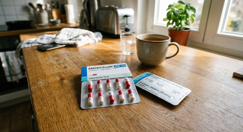 Durée des antibiotiques dans le sang : comment ça marche ? 4 Des plaquettes de gélules d'Amoxicilline posées sur la table de la cuisine.