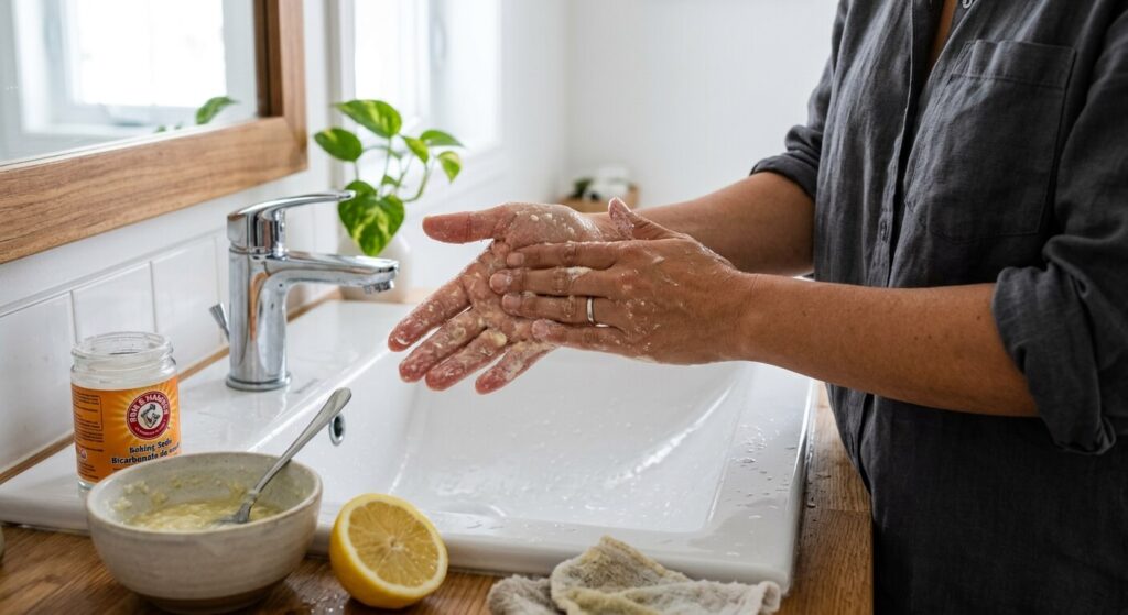 Une personne se frottant doucement les mains avec un mélange de citron et de bicarbonate au-dessus d'un lavabo.