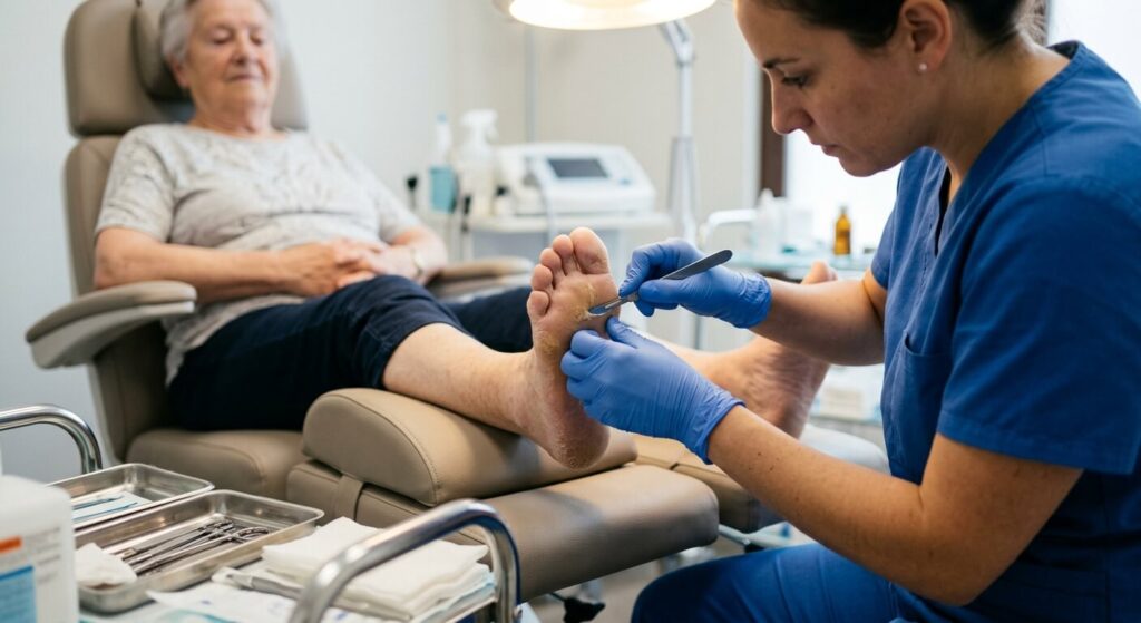 Un pédicure-podologue utilisant une lame de bistouri pour éliminer la couche de peau morte sur un pied.