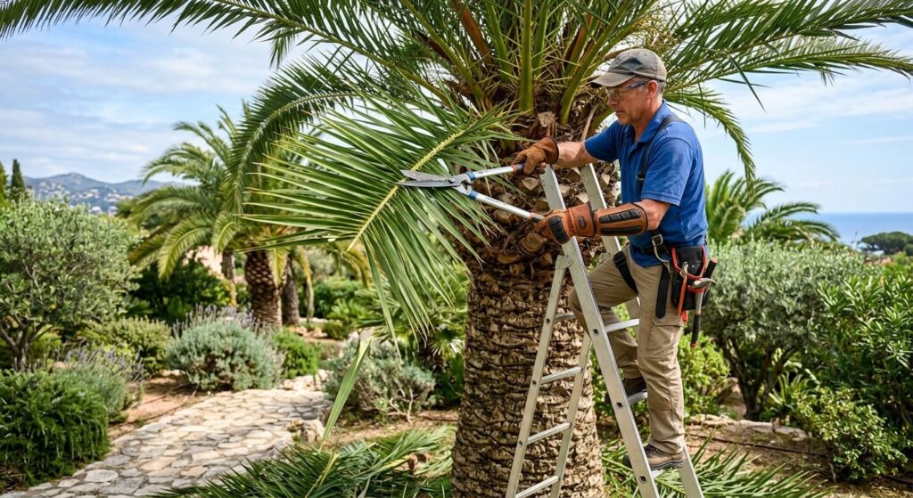 Un jardinier équipé de gants de protection en train de tailler les palmes d'un arbre.