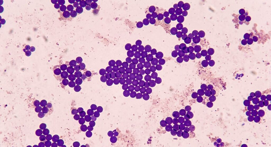 Peut-on travailler avec un staphylocoque doré : obligations et cas par cas 3 Une vue microscopique en laboratoire de colonies de bactéries Staphylococcus aureus en forme de grappes de raisin.