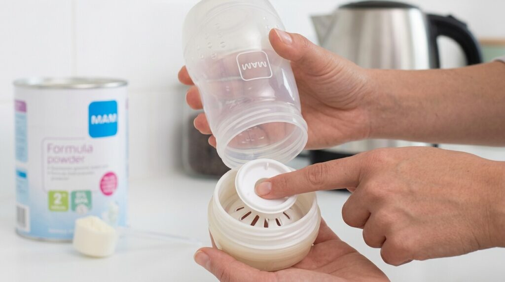 Préparation d'un biberon MAM anti-colique avec sa valve en silicone blanche au fond.